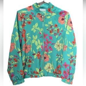 Susan Graver Green Floral Bomber Jacket gold zip elastic waist cuffs medium